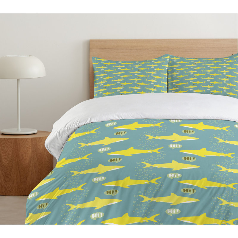 King Size Yellow and Sea Green Shark Duvet Cover Set