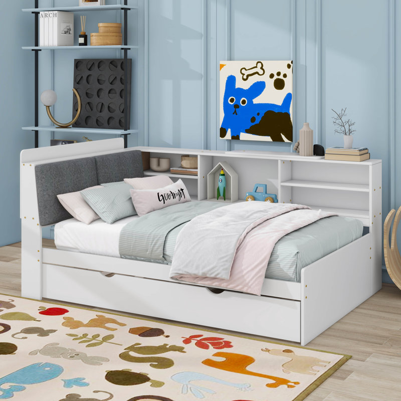 Lit plateforme simple avec lit gigogne, tablettes et tête de lit avec rangement, Simple, Blanc