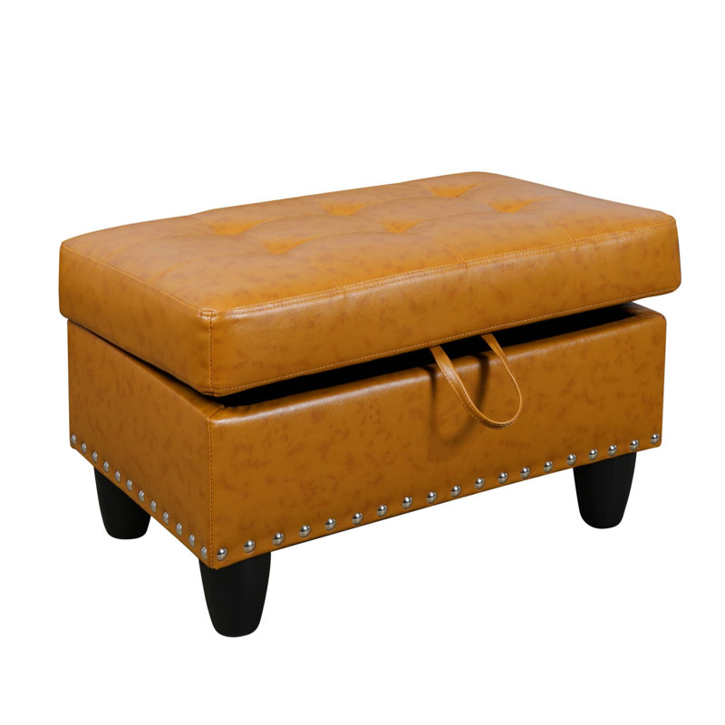 Ginger Storage Ottoman With Semi PU Synthetic Leather Upholstery And Foam Cushion, Cognac
