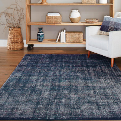 Tapis uni / rayé couleur bleu-ivoire Liabah