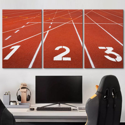Red & White Track and Field Lanes Sports Athletes Photography, Realism Chic Ultra Pictures, Giclee Canvas Digital Print Framed Wall Art