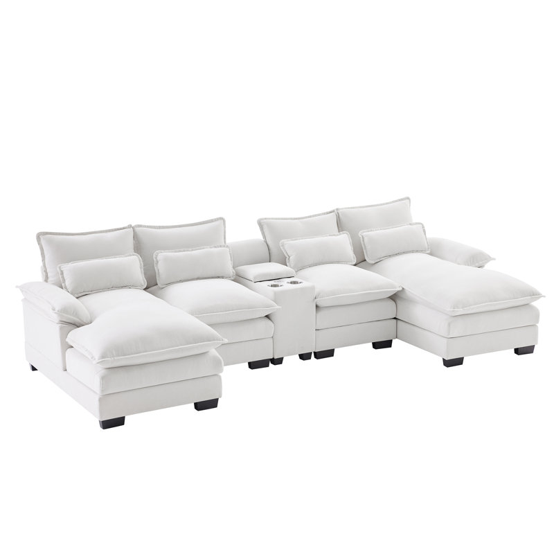 5-Piece Upholstered U-Shaped Sectional, White Chenille