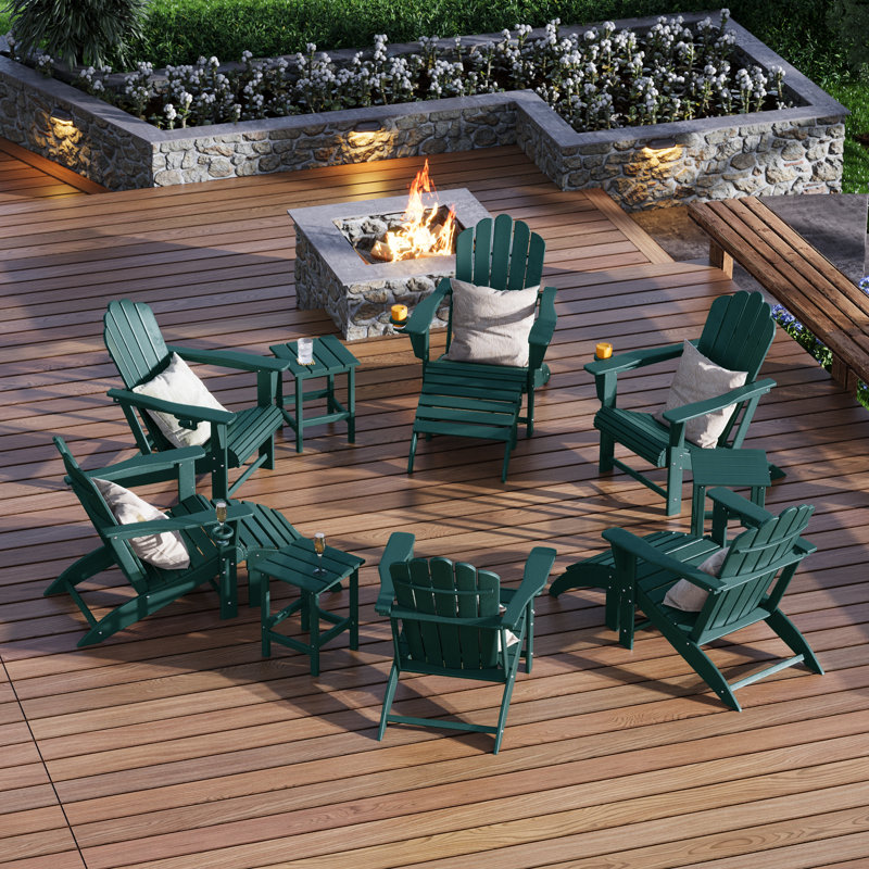Ensemble de 12 chaises d'extérieur en poly Adirondack avec repose-pieds et table d'appoint, Vert