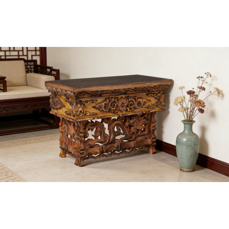 Table d'autel pliante en bois sculptée à la main pour la méditation, la prière et la cérémonie du thé | Conception de dragon en bois de sheesham | Compact Sanctuaire et table d'appoint