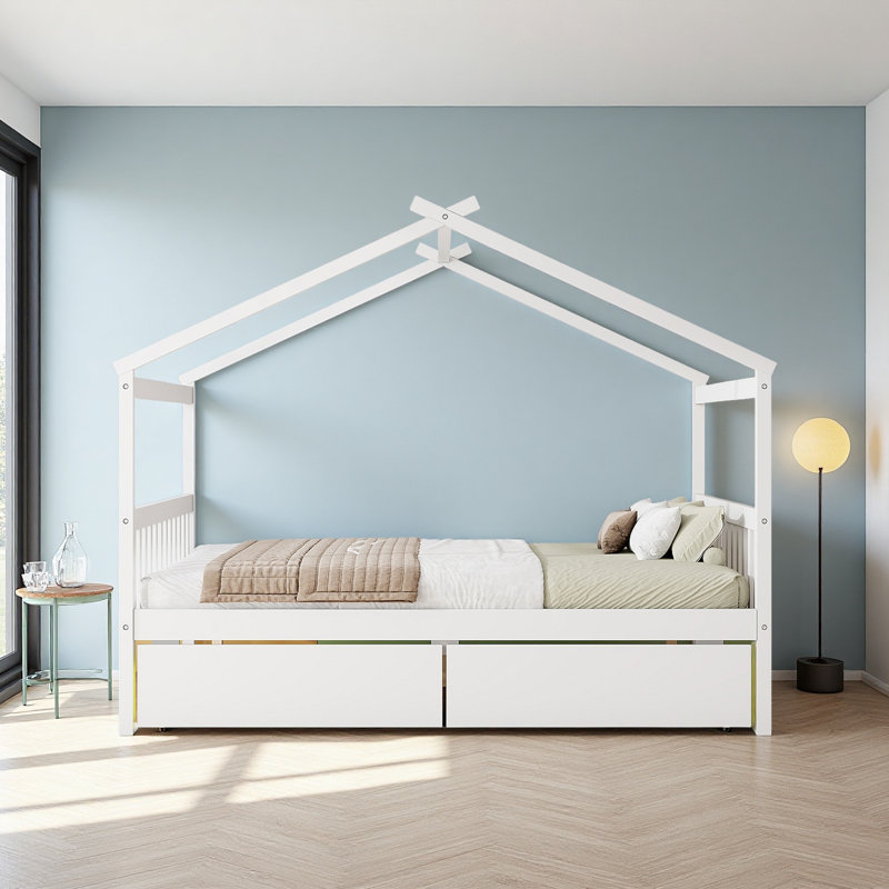 Lit double en bois avec tiroirs, Lit double, Blanc