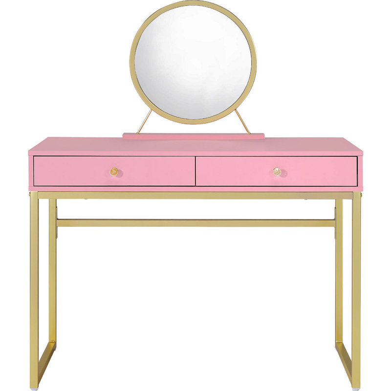 2 Drawers Vanity Desk With Mirror And Jewelry Tray, Pink And Gold