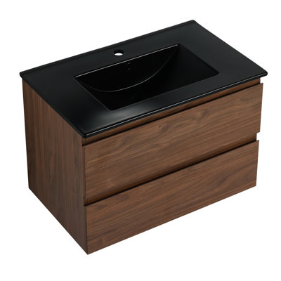 30" Bathroom Vanity With Black Ceramic Sink. 2 Soft-close Drawers. Modern Helper. Plywood Basin. Soft Close Wall Mounted. Contemporary Scrutiny. Construction