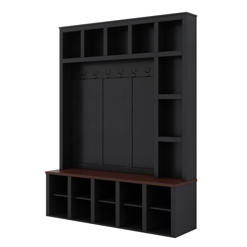 Farmhouse Hall Tree, Entryway Coat Rack With Metal Hooks, Storage Shelves, Bench Seat, Black