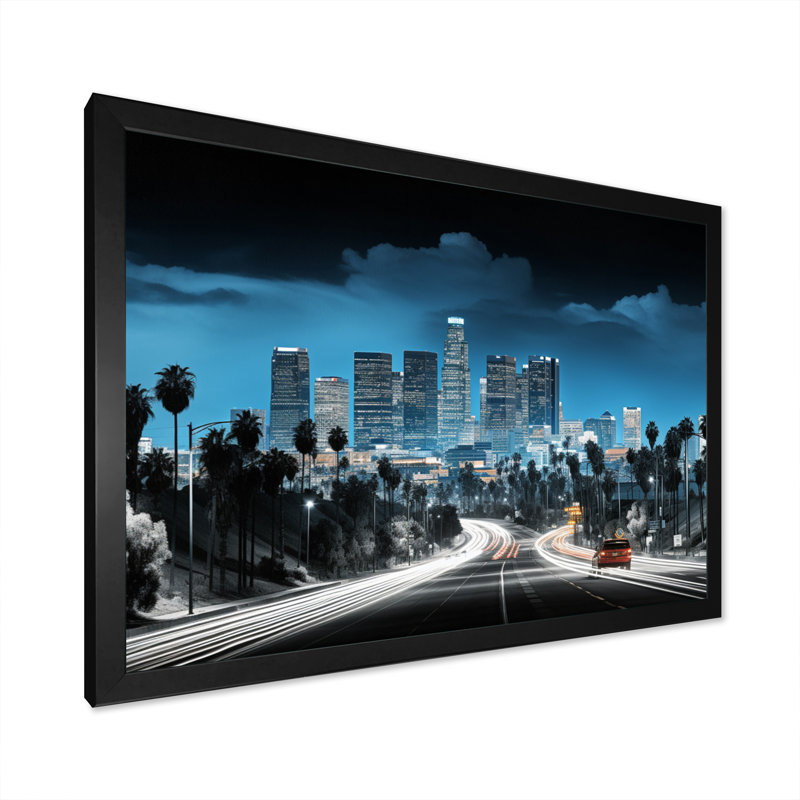 Black Blue Los Angeles Beautiful Cityscape On Canvas Print, Cadre simple noir, H 16 po x l 32 po x P 1 po