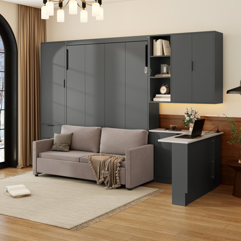 Grand lit escamotable mural avec rangement hydraulique, canapé, tablettes et tiroirs, éclairage DEL / USB, panneau gris foncé, canapé beige