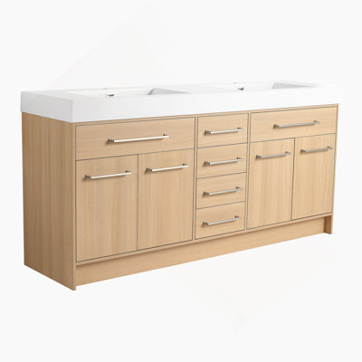 Meuble-lavabo autoportant de 72 po avec double lavabo en résine, 4 portes à fermeture douce et 6 tiroirs à fermeture douce, chêne original, contreplaqué (KD-PACKING)
