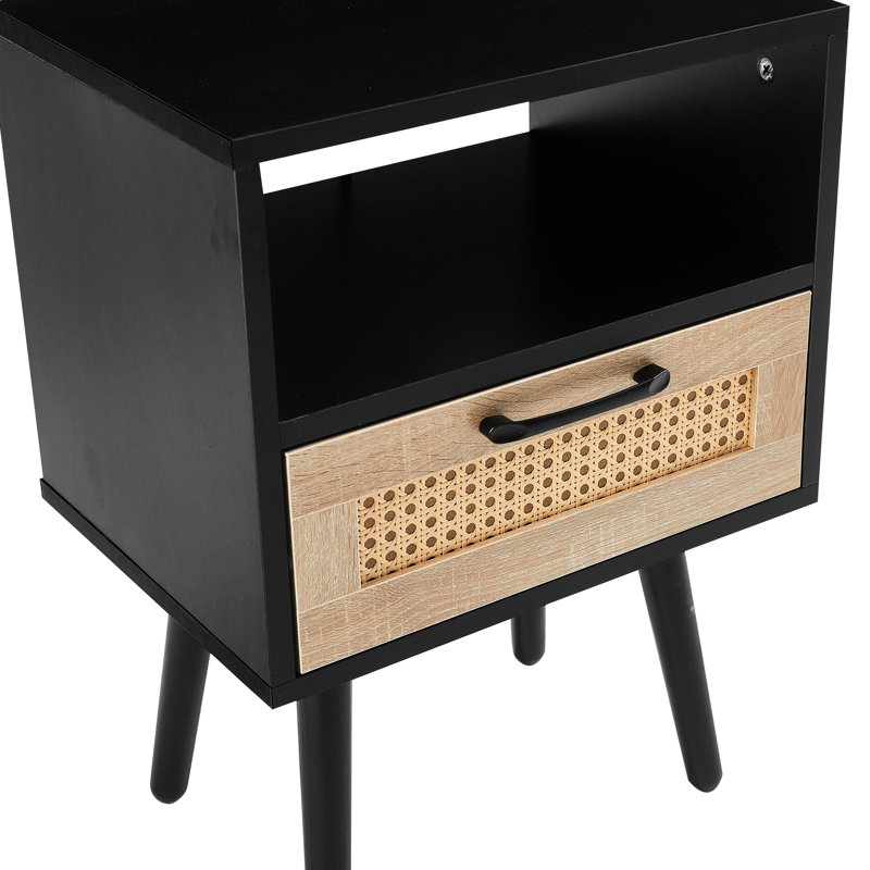 Table d'appoint moderne avec tiroir et pieds en bois massif 15,78 po Modern, Noir