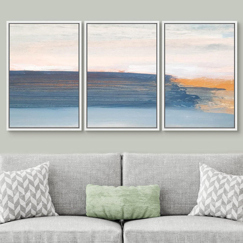 «Grunge Abstract Paint Stroke Effect Blue and Orange Paint Stroke Sea Landscape», impression sur toile 3 pièces, Blanc