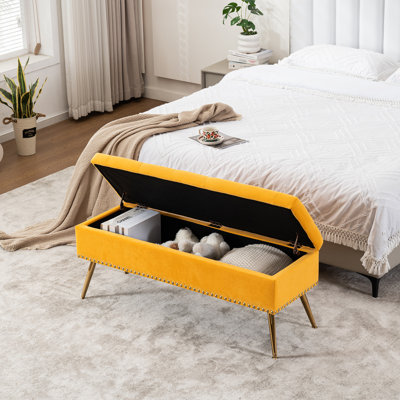 Velvet Storage Bench with Gold Legs Nailhead Trim, Upholstered Bedroom Bench for End of Bed