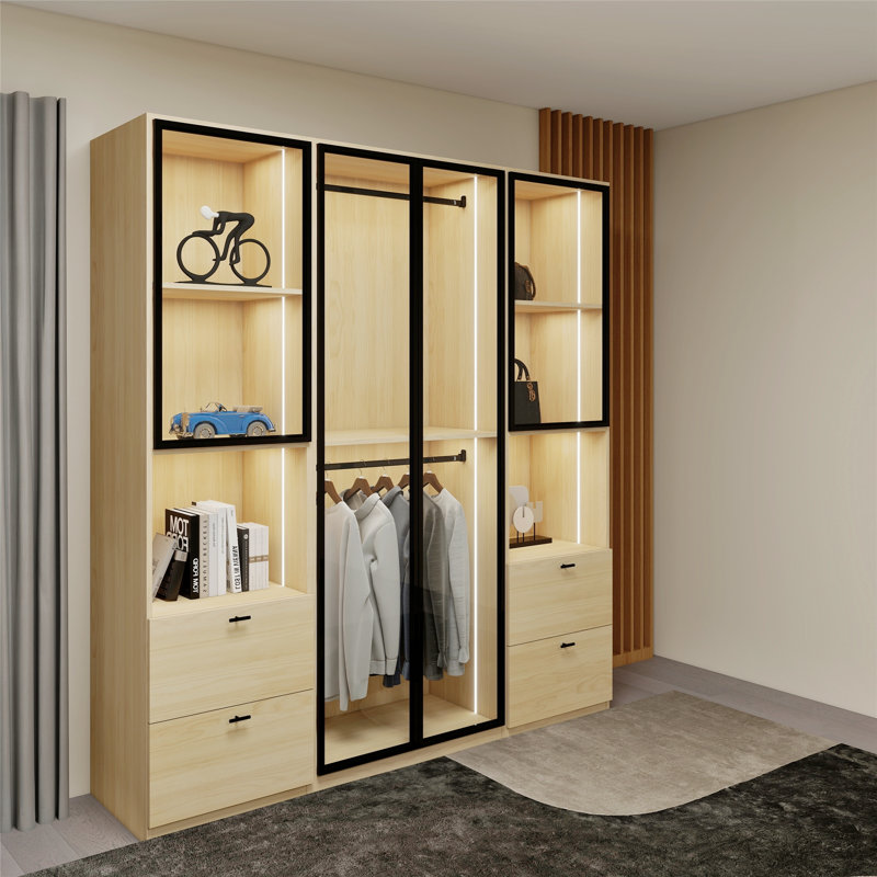 Garde-robe moderne en chêne avec éclairage DEL, portes en verre et tiroirs à fermeture en douceur - l 84 po x H 93 po x P 21 po