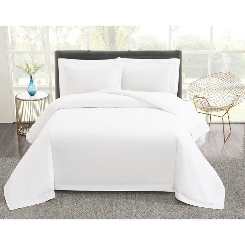 Vince Camuto 400TC Percale Cotton Duvet Set, White, King Duvet Cover + 2 King Shams