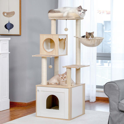 56.7" Cat Tree With Enclosure Large Litter Box, Cozy Cat Condo, Scratching Post And Repalcable Dangling Balls