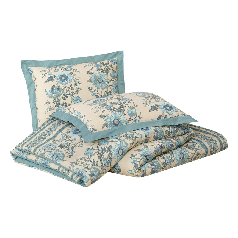Ensemble d'édredon en satin de coton 3 pièces Mystic Moss Floral, Édredon pour très grand lit + 2 taies décorativ