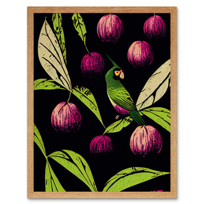 Tree Fruit Parrot Linocut Modern Vintage - Painting