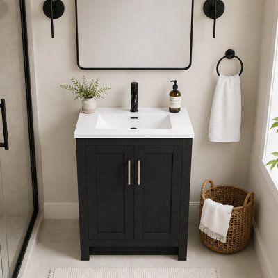 24" Single Freestanding Bathroom Vanity Set with Ceramic Sink,Black,Hardwood Plywood，Soft-Close Doors & Interior Adjustable Storage