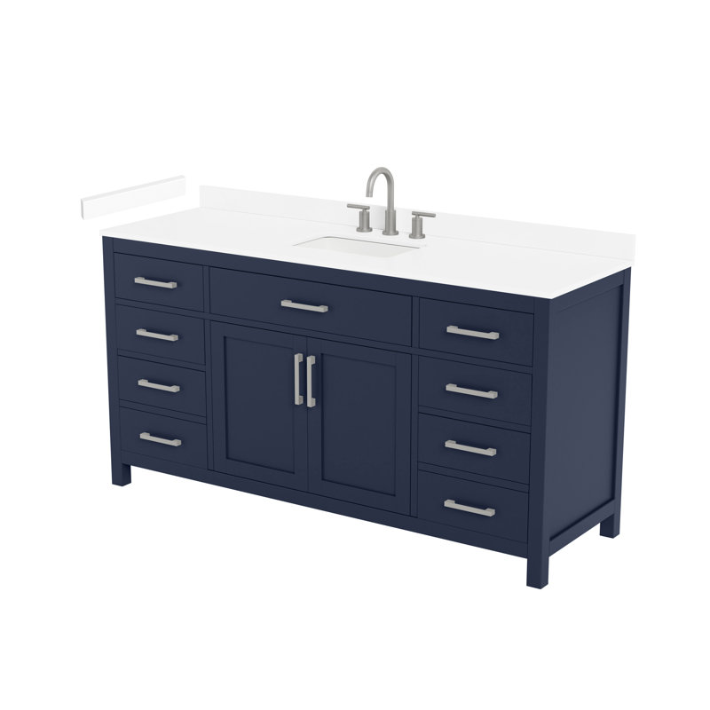 Ensemble de meuble-lavabo simple 66 po Beckett, Dark Blue with Brushed Nickel Trim, Comptoir en marbre de culture blanc