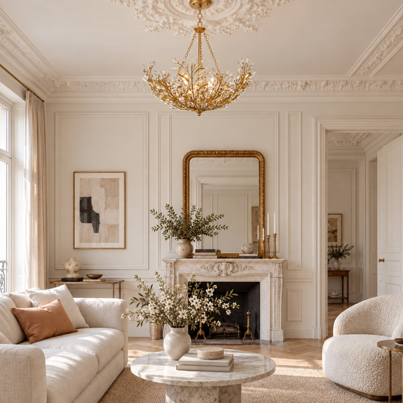 6- Light Gold-Leaf Crystal Chandelier