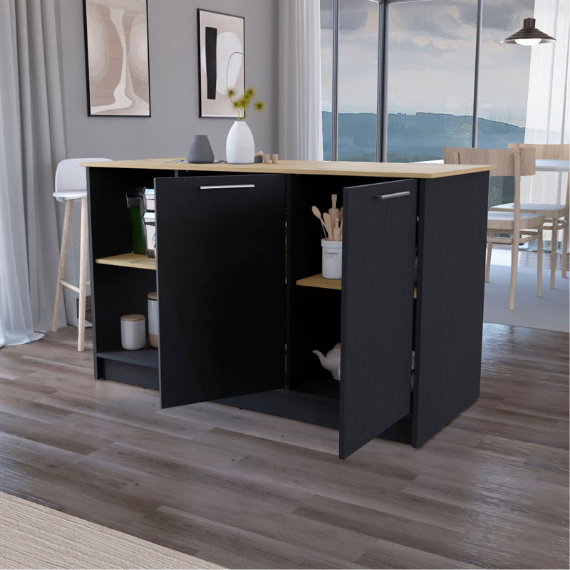 Îlot de cuisine Mercury avec comptoir spacieux, armoires à deux portes et 2 tablettes de rangement ouvertes, Noir