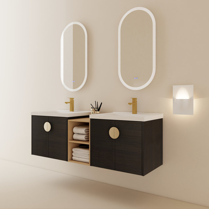 Meuble-lavabo à fermeture en douceur avec lavabo et petites tablettes de rangement, Black Chestnut