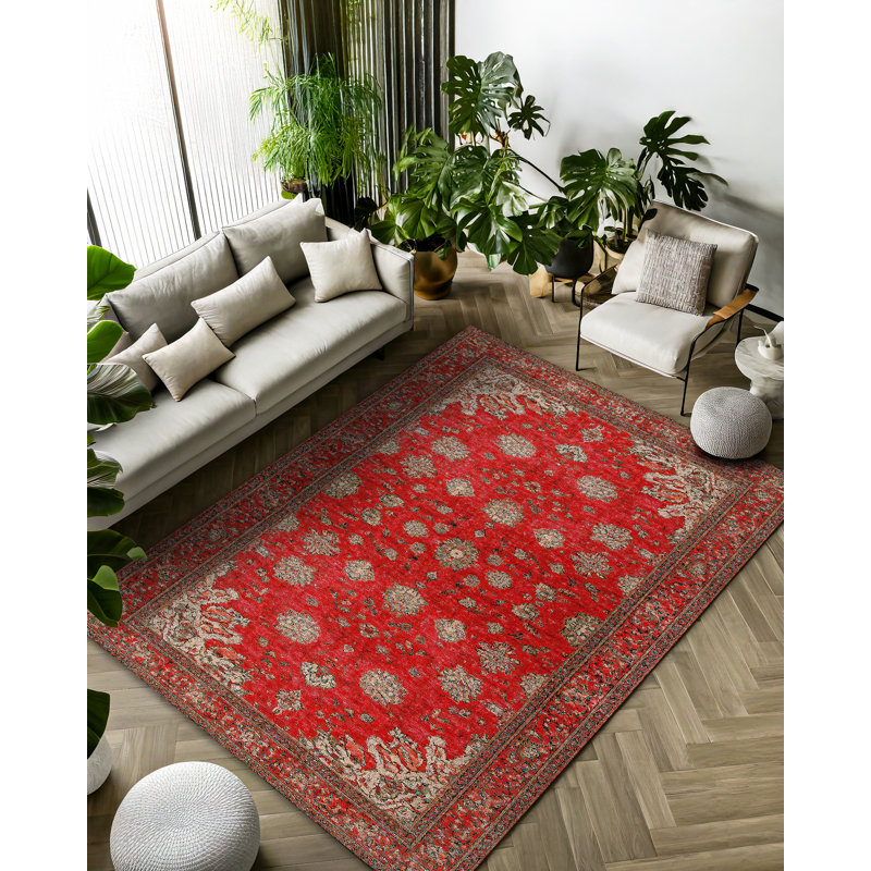 Tapis oriental en coton et polyester rouge Mottos, Rond 3 pi 4 po