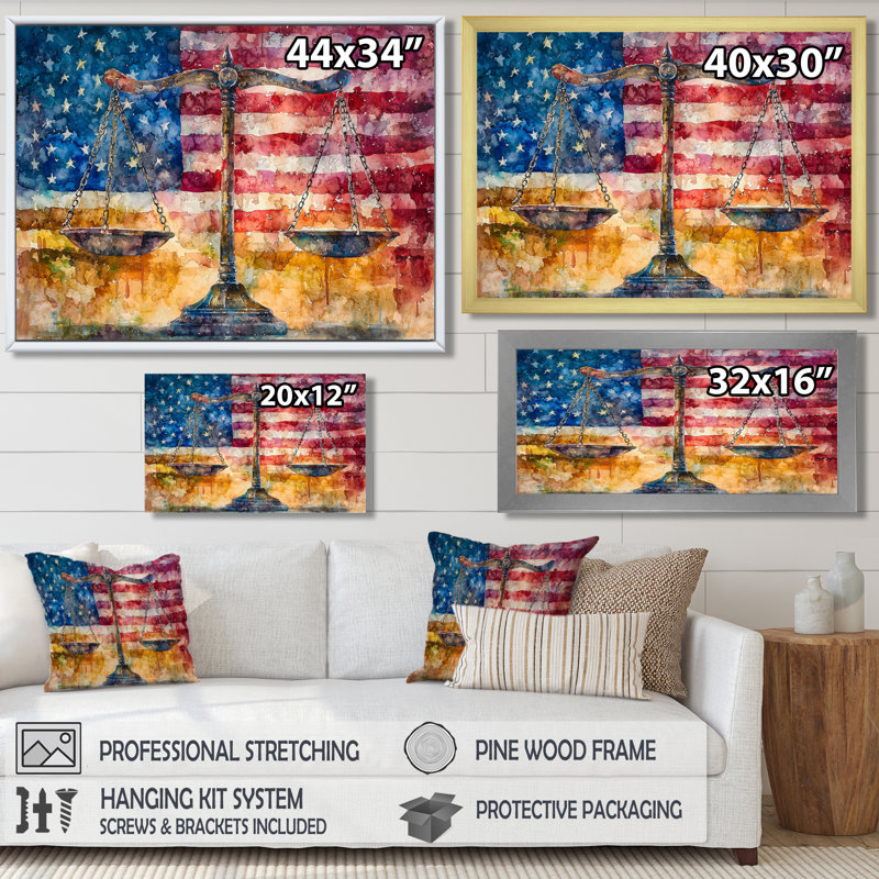 Balance symbolique de la justice avec le drapeau des États-Unis II - art mural patriotiste américain pour le salon