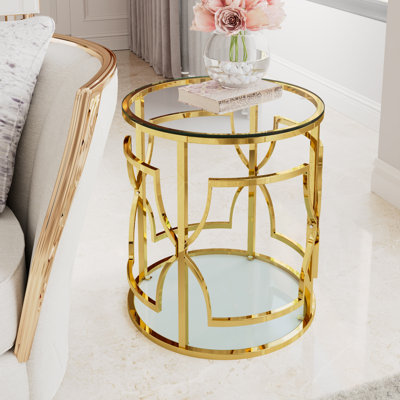 Table d'appoint ronde dorée de luxe 19,7 po avec plateau en verre trempé et tablette de rangement, table de bout moderne avec cadre en métal pour salon, chambre à coucher, canapé, table d'appoint pour petit espace