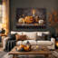 Art sur toile, citrouilles scintillantes avec bougies et feuilles-347638056