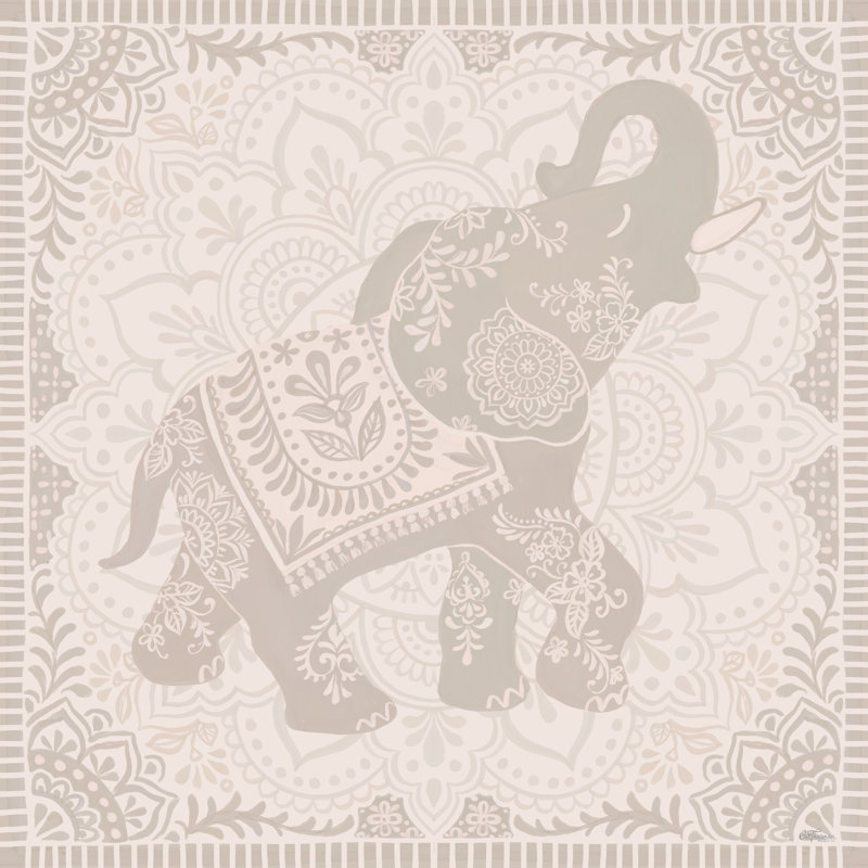Indo éléphant par Cat Thurman Designs, H 36 po x l 36 po, Noyer imprimé sur papier avec passe-partout