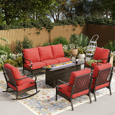 7 Person Outdoor Patio Seating Set With 2 Rocking Lounge Chairs & Fire Pit Table