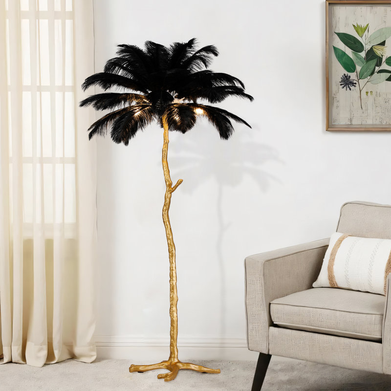 5-Light 35" Wide Tree Branch Flamingos Ostrich Josephine Feather Floor Lamp, Black