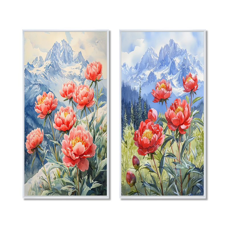 Pivoines et sommets estivaux I - Collection de 2 panneaux muraux floraux, H 40 po x l 41 po, Cadre flottant blanc
