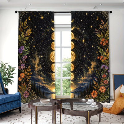 2PCS Celestial Moon Phases Starry Sky Pattern Thin Light Filtering Curtains with Floral Accents, Bohemian Style, Easy Hang Rod Pocket Design, All-Season Decor for Living Room Bedroom Dormitory