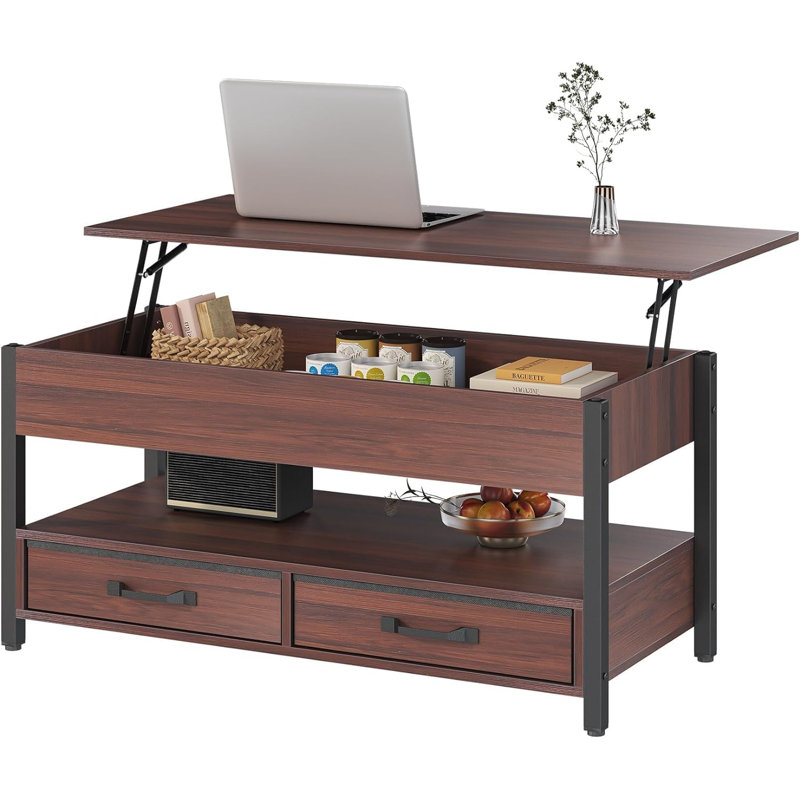 Table basse à plateau relevable Darrelyn, tables basses convertibles multifonctionnelles, Brun