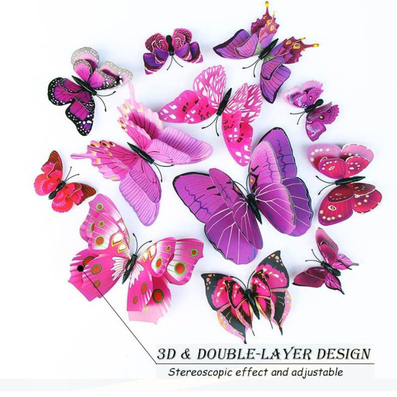 Ensemble de 24 autocollants muraux papillons violets aimantés 3D