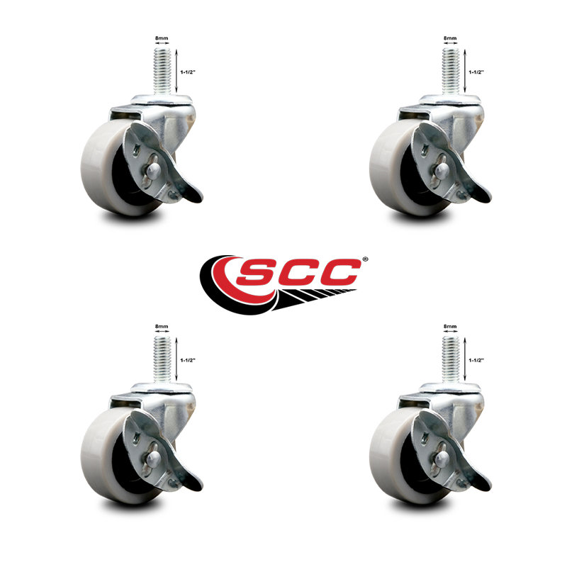 2 Inch Thermoplastic Wheel 8mm Threaded Stem Caster Set with Brakes Set of 4