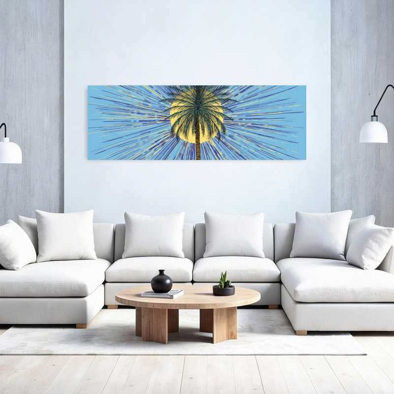 «Vibrant Palm Sunburst», art abstrait de palmiers abstraits, nature, été, H 60 po x l 20 po