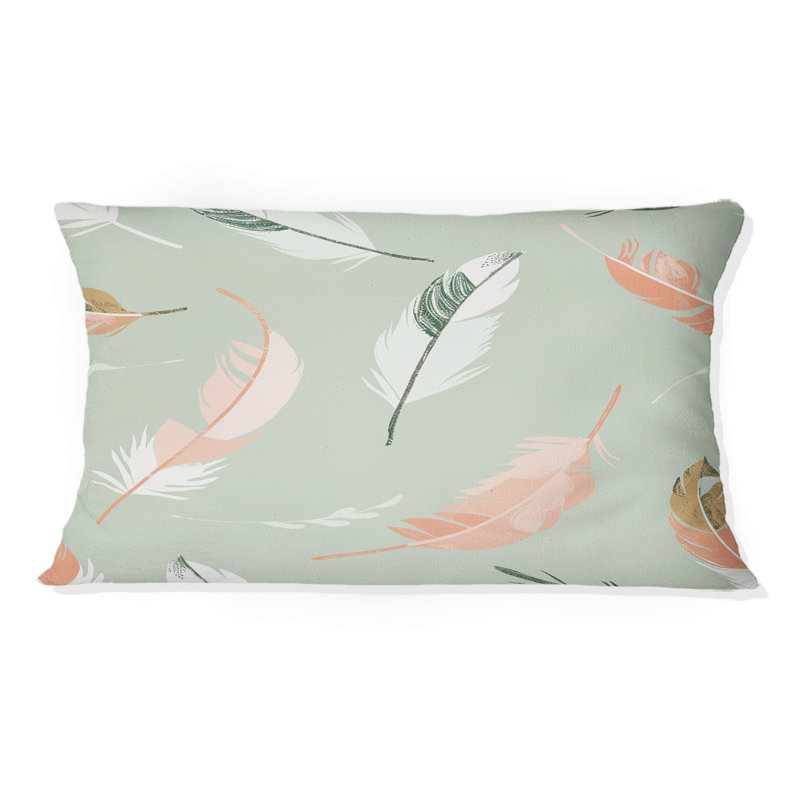 Plumes roses et vertes de Bohème II - coussin Boho, Forme rectangulaire, H 12 po x l 20 po