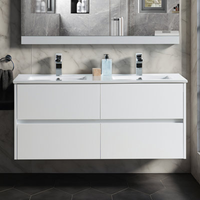 48'' Floating Bathroom Vanity Set with Double Ceramic Sinks, Soft-Close U-Shaped Drawers - Glossy White, All-Wood Construction