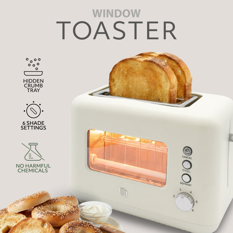WILLOW Kitchen 2-Slice Toaster with Window - Perfect for Toasted Bagels, Compact Design, Crumb Tray - WHITE, White