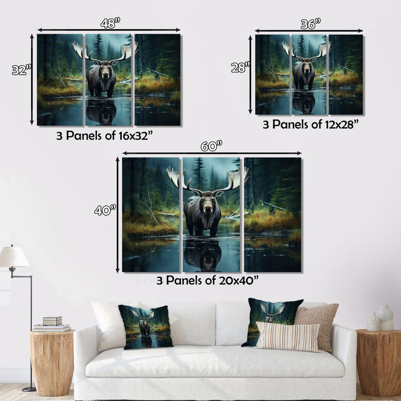 «Green Moose Forest Dusk», art mural orignal, H 12 po x l 20 po x P 1 po, Cadre flottant blanc