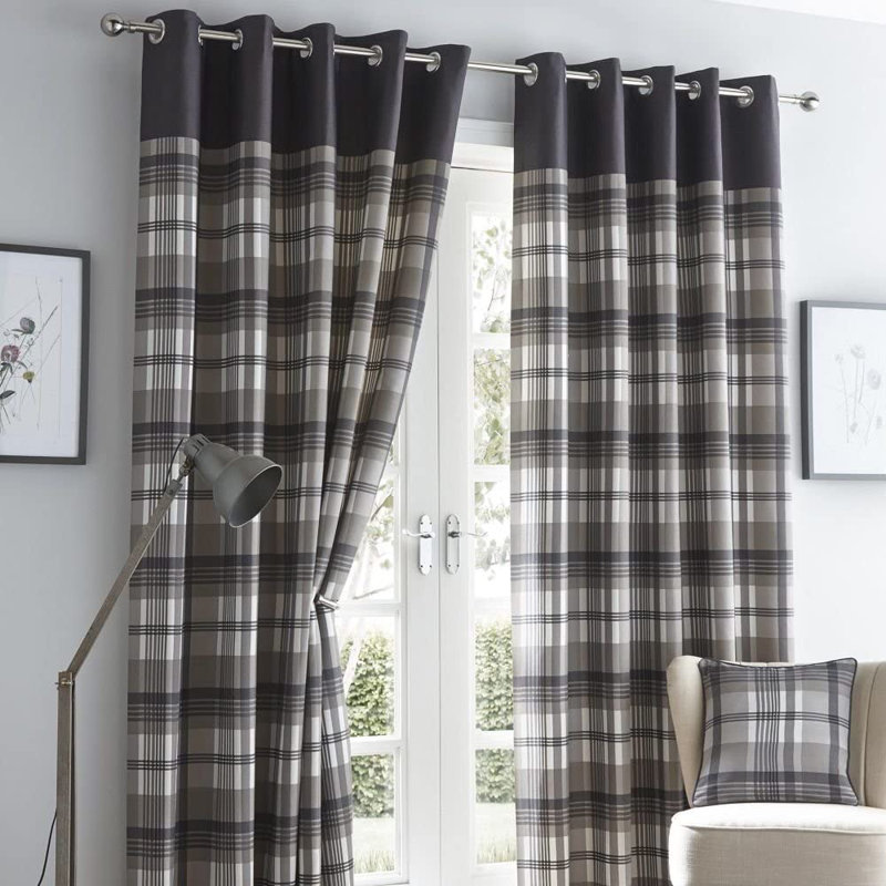Earlton Orleans Curtains Check Striped Fully Lined Eyelet Ring Top Curtains, 168cm Width x 183cm Drop, Charcoal