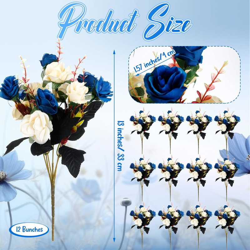 12 bouquets de fleurs artificielles roses en soie bleu foncé