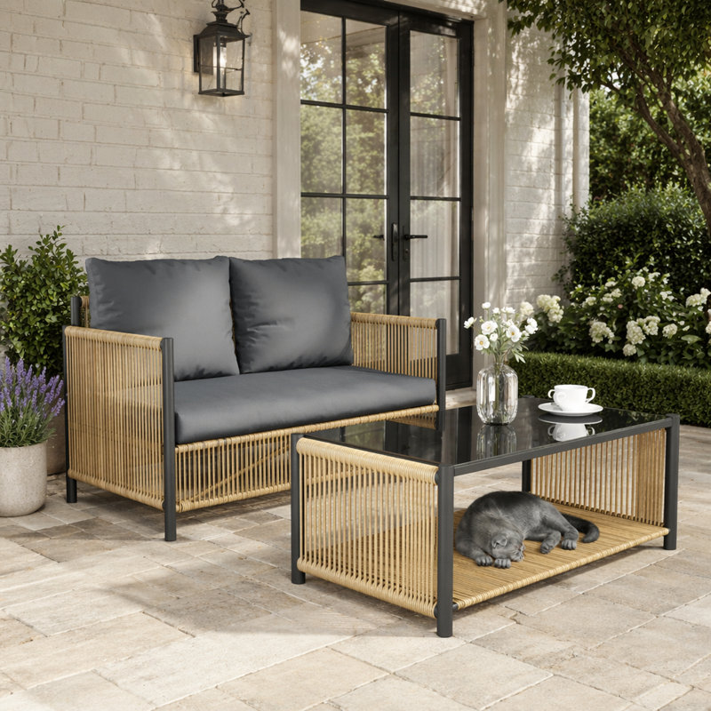 Élégant canapé d'extérieur en PE en rotin 2 places avec coussins gris et table basse, ensemble de patio durable et confortable