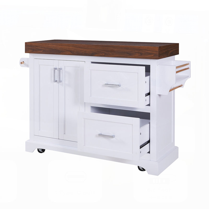 53 Inch Rolling Kitchen Island with Thick Desktop, Spice Racks, and Ample Storage for Modern Kitchens, White