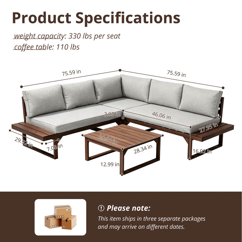 Ensemble de canapé modulaire d'extérieur en L en bois massif avec table basse